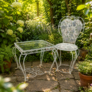 Romantische set van tafeltje en stoel (ijzer/glas/stof).